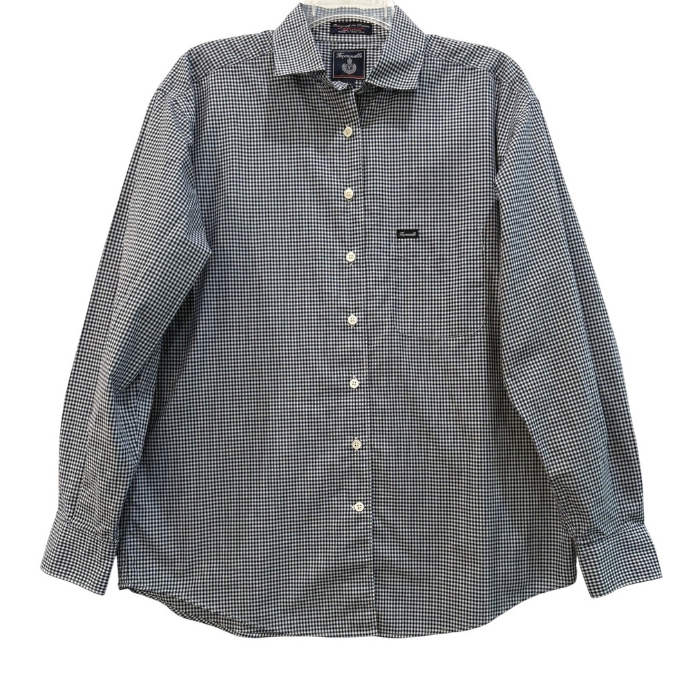 Faconnable Mens Navy Blue White Gingham‎ Check Cotton Button Down Shirt Large